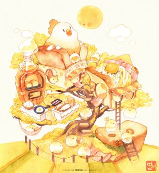  bacon bag baking bird bottle bread chicken cloud commentary_request cooking copyright_notice dough egg egg_(food) egg_sandwich eggshell fence food fried_egg frying_pan hammock highres in_food korean_commentary lettuce no_humans on_hammock original oven oversized_food oversized_object rolling_pin sign smoke sun talbi tree treehouse watermark 