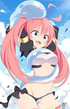 1girl :d bad_id bad_twitter_id bikini bikini_bottom_aside bikini_bottom_only black_bikini blue_eyes blush_stickers breasts clothing_aside consensual_tentacles cowboy_shot day fangs heart heart-shaped_pupils highres long_hair long_sleeves milim_nava navel open_mouth outdoors pink_hair pussy rimuru_tempest side-tie_bikini_bottom sky slime_(substance) small_breasts smile swimsuit symbol-shaped_pupils teeth tensei_shitara_slime_datta_ken tentacle_sex tentacles totallyiryanic twintails uncensored vaginal rating:Explicit score:259 user:danbooru