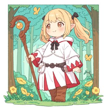  1girl blonde_hair boots brown_boots brown_eyes closed_mouth commentary_request final_fantasy final_fantasy_xiv flat_chest grass holding holding_staff lalafell long_sleeves medium_hair onyhakase outdoors pointy_ears robe smile solo staff standing twintails white_robe  rating:General score:7 user:danbooru