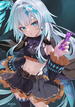  1girl alternate_costume arpeggio_kaga belt black_cape black_shirt black_skirt black_thighhighs blue_eyes bow bowtie breasts cape cerydra_(honkai:_star_rail) chess_piece collared_shirt commentary_request cowboy_shot crop_top crown detached_sleeves frilled_shirt frilled_skirt frilled_sleeves frills glint gradient_hair highleg highres holding holding_chess_piece honkai:_star_rail honkai_(series) long_hair long_sleeves looking_at_viewer midriff mini_crown miniskirt multicolored_hair nail_polish navel open_mouth orange_nails panty_straps shirt single_thighhigh skirt sleeveless sleeveless_shirt small_breasts solo spaghetti_strap stomach thighhighs v-shaped_eyebrows very_long_hair white_hair 
