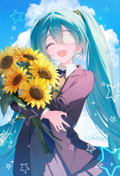  1girl :d ^_^ blue_hair blue_sky blush brown_jacket closed_eyes cloud commentary cowboy_shot day double-parted_bangs eyepatch facing_viewer flower grey_skirt hair_between_eyes hatsune_miku highres holding holding_flower jacket long_hair long_sleeves monitoring_(vocaloid) open_clothes open_jacket open_mouth outdoors pleated_skirt skirt sky smile solo star_(symbol) sunflower takimii twintails very_long_hair vocaloid wing_collar yellow_flower 