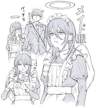  2boys alternate_costume angel_devil_(chainsaw_man) apron chainsaw_man collared_dress collared_shirt commentary_request crossdressing crossdressing_(mtf) dress frilled_apron frills hair_between_eyes halo hayakawa_aki heart heart_hands highres jacket long_hair looking_at_another maid maid_apron maid_headdress male_focus male_maid multiple_boys multiple_views necktie no_halo open_mouth rigeshita shirt short_hair simple_background suit_jacket topknot translation_request weapon weapon_on_back white_background 