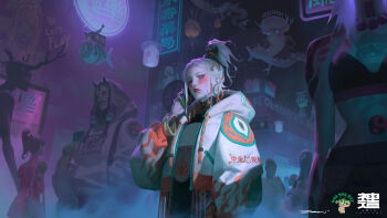  absurdres aqua_eyes bird bracelet colored_skin commentary cyberpunk dragon eastern_dragon english_commentary english_text fish hands_in_pockets highres hood hoodie jacket jewelry lantern long_hair mouth_hold no_pupils open_clothes open_jacket original paper_lantern parted_lips pigeon translation_request white_hair white_skin yin_yang zeenchin 