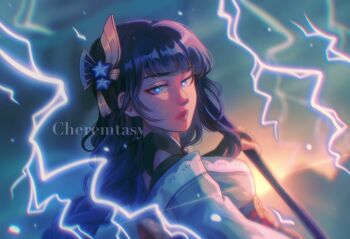  1girl artist_name blue_eyes blunt_bangs blurry blurry_background braid bridal_gauntlets cheremtasy closed_mouth commentary electricity english_commentary engulfing_lightning_(genshin_impact) genshin_impact glowing glowing_eyes hair_ornament highres holding holding_polearm holding_weapon japanese_clothes kimono long_braid long_hair looking_at_viewer looking_to_the_side mole mole_under_eye multicolored_eyes off_shoulder polearm purple_hair purple_kimono raiden_shogun red_sash sash shade single_braid sky solo sunset thick_lips upper_body weapon wide_sleeves 