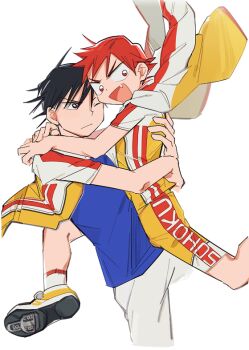  2boys :/ :d ankle_socks arms_around_neck bike_jersey black_eyes black_hair blue_shirt choppy_bangs closed_mouth commentary cowboy_shot fang floating_clothes foot_out_of_frame group_name hand_on_another's_back heads_together hug imaizumi_shunsuke jacket jacket_on_shoulders lifting_person looking_at_another looking_to_the_side male_focus multicolored_jacket multiple_boys naruko_shoukichi o_omome one_eye_closed open_clothes open_mouth open_shirt pants red_eyes red_hair shirt shoes short_hair short_sleeves sideways_glance simple_background smile sneakers socks spiked_hair symbol-only_commentary track_jacket tsurime tube_socks unzipped v-shaped_eyebrows very_short_hair white_background white_pants white_socks wide-eyed yaoi yellow_jacket yellow_shoes yowamushi_pedal 