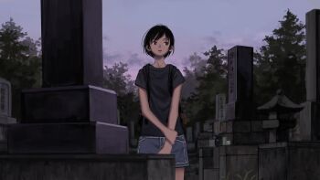  1girl backpack bag black_hair black_shirt blue_skirt commentary_request denim denim_skirt evening graveyard highres holding_own_wrist original outdoors parted_lips shirt short_hair short_sleeves skirt solo sotoba stone_lantern t-shirt wabuchi 