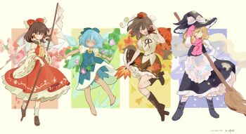  >:) 4girls :d :o absurdres adjusting_clothes adjusting_headwear apron arm_at_side ascot autumn bare_shoulders barefoot black_boots black_hat black_skirt black_vest blonde_hair blue_bow blue_dress blue_ribbon blush_stickers boots bow broom brown_boots brown_hair camera cherry_blossoms cirno closed_eyes closed_mouth collared_shirt dated detached_sleeves detached_wings dot_nose drawstring dress expressionless facing_viewer floral_print flower frilled_apron frilled_bow frilled_hair_tubes frills from_side full_body geta gloves gohei grin hair_bow hair_ornament hair_ribbon hair_tubes hakurei_reimu hand_fan hand_on_headwear hand_up hat hat_bow hauchiwa height_difference hidden_star_in_four_seasons highres holding holding_camera holding_fan holding_gohei ice ice_wings japanese_clothes juliet_sleeves kirisame_marisa knee_boots kneehighs lace-up_boots leaf leg_lift loafers long_sleeves looking_at_viewer medium_hair morning_glory multiple_girls nengo open_mouth outstretched_arms palm_leaf pink_flower pink_gloves pink_scarf playable_command_(touhou) pointy_ears pom_pom_(clothes) print_apron profile puffy_short_sleeves puffy_sleeves red_bow red_eyes red_hat red_skirt red_vest ribbon ribbon-trimmed_shirt ribbon-trimmed_skirt ribbon-trimmed_sleeves ribbon-trimmed_socks ribbon_trim scarf seasons shameimaru_aya shirt shoes short_hair short_sleeves skirt skirt_set smile snow snowflake_print snowing socks spread_arms spring_(season) standing standing_on_one_leg summer sunflower tan tanned_cirno tareme teeth tengu-geta tokin_hat touhou tsurime twitter_username v-shaped_eyebrows vest waist_apron white_apron white_bow white_shirt white_socks wide_sleeves wing_collar wings winter witch_hat yellow_ascot yellow_background yellow_eyes 