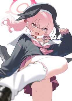 1girl angry arm_up beret black_hat black_panties black_shirt black_wings blue_archive dated embarrassed fang feathered_wings hair_between_eyes halo hat head_wings highres itinana kicking koharu_(blue_archive) leg_up leg_warmers long_hair long_sleeves looking_at_viewer necktie open_mouth panties pantyshot pink_eyes pink_halo pink_necktie pink_skirt revision sailor_collar shirt simple_background single_bare_shoulder skirt sleeves_past_wrists solo standing standing_on_one_leg twintails twitter_username underwear v-shaped_eyebrows white_background white_leg_warmers white_sailor_collar wings rating:Sensitive score:11 user:danbooru