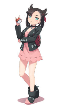  1girl absurdres asymmetrical_bangs backpack bag black_choker black_hair black_jacket blush choker commentary_request dress full_body green_eyes hair_ribbon highres holding holding_poke_ball jacket looking_at_viewer marnie_(pokemon) nintendo pink_dress poke_ball poke_ball_(basic) pokemon pokemon_swsh red_ribbon ribbon scarletsky simple_background solo twintails white_background 