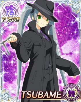  1girl black_coat black_hat black_pants black_suit border breasts card_(medium) character_name coat fedora folding_knife formal_clothes game_cg green_eyes grey_hair grey_shirt hat holding holding_knife jacket knife large_breasts long_hair necktie official_art pants purple_necktie senran_kagura senran_kagura_new_wave shirt solo suit suit_jacket swept_bangs switchblade third-party_source trench_coat tsubame_(senran_kagura) twintails very_long_hair 