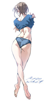  1girl ass back barefoot blue_panties blue_shirt brown_hair facing_away feet from_behind full_body highres legs nabipenciller original panties self_hug shirt short_hair simple_background soles solo thigh_gap toes underwear white_background 