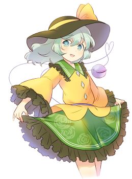  1girl :d aqua_eyes black_hat blouse bow chaba_(hortensia) collared_shirt cowboy_shot cropped_legs dot_nose eyeball floating_hair floral_print floral_print_skirt frilled_shirt_collar frilled_skirt frilled_sleeves frills green_hair green_skirt hat hat_bow heart heart_in_eye heart_of_string komeiji_koishi light_blush long_sleeves looking_at_viewer looking_to_the_side medium_hair open_mouth print_skirt rose_print round_teeth shirt sideways_glance simple_background skirt skirt_hold smile solo symbol_in_eye teeth third_eye touhou upper_teeth_only white_background wide_sleeves yellow_bow yellow_shirt 