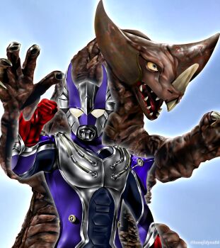  1boy alien armor blue_background blue_skin breastplate brown_scales claws clenched_hand colored_sclera colored_skin commentary compound_eyes dinosaur gloves glowing glowing_eyes gomora grey_eyes hand_up hanejidyna86 highres horns kaiju looking_ahead looking_at_viewer monster multicolored_skin multiple_horns nose_horn nostrils open_mouth pectorals red_gloves reimon scales sharp_teeth shoulder_armor silver_skin standing teeth tokusatsu toned toned_male ultra_galaxy_(series) ultra_galaxy_mega_dai-kaijuu_battle ultra_series upper_body white_eyes wrist_blades yellow_sclera 