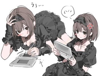  1girl anger_vein angry black_dress black_headdress black_ribbon blush_stickers bob_cut brown_eyes brown_hair collarbone detached_sleeves dress frilled_dress frills frown hamchigi hand_on_own_head highres holding holding_stick lolita_fashion looking_at_object lying multiple_views neck_ribbon original puffy_short_sleeves puffy_sleeves ribbon short_hair short_sleeves simple_background stick white_background 