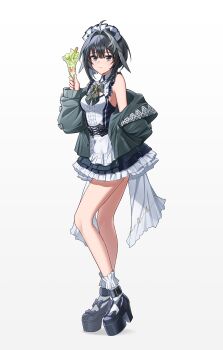  1girl absurdres ahoge alternate_costume arknights bare_shoulders black_bow black_dress black_eyes black_hair black_shoes bow breasts closed_mouth commentary dress enmaided footwear_bow frilled_dress frills full_body gradient_background grey_background grey_jacket highres holding jacket la_pluma_(arknights) looking_at_viewer maid maid_headdress off_shoulder platform_shoes pleated_dress shoes short_dress short_hair sleeveless sleeveless_dress small_breasts smile socks solo standing white_background white_dress white_socks yeong_r6 