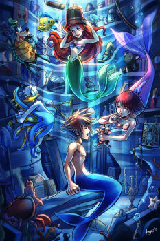  2girls air_bubble alternate_form ariel_(disney) atlantis:_the_lost_empire bikini blitzball blue_eyes breasts brown_hair bubble buster_sword cleavage collection commentary diving donald_duck english_commentary final_fantasy final_fantasy_ix fins fish flounder_(the_little_mermaid) goofy hat hercules_(1997_movie) highres holding holding_toy hollypolllyy in-universe_location kairi_(kingdom_hearts) kingdom_hearts kingdom_hearts_i laughing long_hair merfolk mermaid merman monster_boy monster_girl multiple_girls navel nomura_tetsuya_(style) philoctetes pocahontas_(movie) red_hair red_lips sebastian_(disney) shark_boy shell shell_bikini smile sora_(kingdom_hearts) spiked_hair subarashiki_kono_sekai submerged swimsuit the_emperor's_new_groove topless_male toy treasure underwater water watermark when_you_see_it wizard_hat 