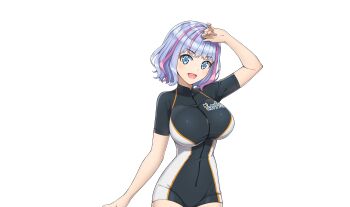  1girl blue_hair bodysuit diving_suit dolphin_wave highres japanese_text kukuri_tomo multicolored_hair official_art ootomo_takuji open_mouth purple_hair solo transparent_background  rating:General score:3 user:redweptef12
