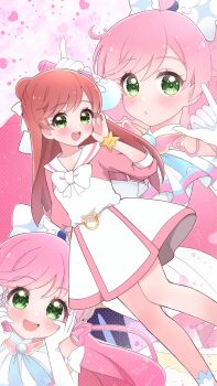  1girl :o \m/ absurdres ascot bow bowtie braid brooch casual collared_dress crown_braid cure_prism dress earrings elbow_gloves gloves green_eyes hair_bow hair_bun hair_ribbon hand_in_own_hair hands_on_own_face highres hirogaru_sky!_precure holding jewelry long_hair long_sleeves looking_at_viewer magical_girl medium_dress multiple_views nijigaoka_mashiro open_mouth pink_dress pink_hair precure ribbon scrunchie side_braids single_hair_bun sky_mirage smile solo standing stud_earrings two-tone_dress umiyuki_(umi_chu) very_long_hair white_ascot white_bow white_bowtie white_dress white_gloves white_ribbon wing_brooch wrist_scrunchie 