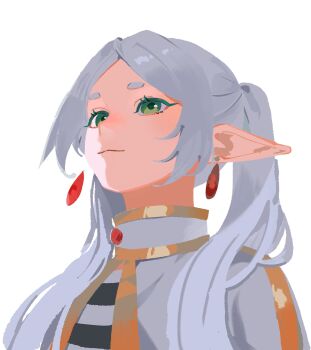  1girl absurdres capelet closed_mouth earrings elf frieren green_eyes grey_hair head_back highres jewelry long_hair long_pointy_ears meme parted_bangs pointy_ears selvha shirt simple_background smile solo sousou_no_frieren striped_clothes striped_shirt teardrop_earrings twintails upward_angle_frieren_drawing_(meme) white_background white_capelet white_hair 