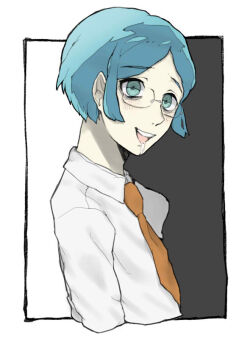  1girl black_background blue_eyes blue_hair border brown_necktie collared_shirt commentary_request crazy cropped_torso danganronpa_(series) danganronpa_v3:_killing_harmony drooling genderswap genderswap_(ftm) glasses long_sleeves looking_at_viewer male_focus necktie nostrils open_mouth outside_border pointy_nose round_eyewear shirogane_tsumugi shirt short_hair smile solo spoilers tappo_(gemori) teeth two-tone_background upper_teeth_only white_background white_border white_shirt 