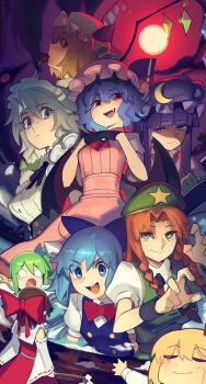  6+girls ascot bandaid bandaid_on_face bat_wings beret black_gloves blonde_hair blue_bow blue_eyes blue_hair blunt_bangs boa_(brianoa) bow braid brown_hair cirno closed_mouth collared_shirt commentary_request crescent crescent_hat_ornament crystal crystal_wings daiyousei detached_sleeves dress eating embodiment_of_scarlet_devil fairy fairy_wings fang flandre_scarlet food frilled_hair_tubes frills fruit full_body gloves gohei green_bow green_eyes green_hair green_hat green_vest grey_hair hair_bow hair_intakes hair_tubes hakurei_reimu hat hat_ornament hat_ribbon holding holding_gohei hong_meiling ice ice_wings izayoi_sakuya long_hair looking_at_viewer maid maid_headdress mob_cap multicolored_wings multiple_girls narrow_waist open_mouth patchouli_knowledge pink_dress puffy_short_sleeves puffy_sleeves purple_eyes purple_hair red_ascot red_bow red_eyes red_hair red_skirt remilia_scarlet ribbon ribbon-trimmed_sleeves ribbon_trim rumia shirt short_hair short_sleeves siblings side_ponytail sisters skirt skirt_set smile star_(symbol) star_hat_ornament strawberry teeth touhou twin_braids vest white_hat white_shirt wings 