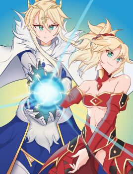  2girls absurdres aqua_eyes armor armored_dress artoria_pendragon_(fate) artoria_pendragon_(lancer)_(fate) bandeau bare_shoulders blonde_hair blue_background blue_dress braid braided_bun breasts cape commentary commission cowboy_shot crossover crown detached_collar detached_sleeves dragon_ball dragonball_z dress electricity energy_ball english_commentary facing_viewer fate/grand_order fate_(series) father-son_kamehameha fur-trimmed_cape fur_trim gauntlets gradient_background green_eyes hair_between_eyes hair_bun hair_ornament hair_scrunchie half_up_braid highres kamehameha_(dragon_ball) knights_of_the_round_table_(fate) light_frown light_rays lion_king_(lancer)_(fate) long_hair long_sidelocks midriff mordred_(fate) mordred_(third_ascension)_(fate) mother_and_daughter multiple_girls navel pendreon ponytail ponytail_with_braided_base red_bandeau red_scrunchie red_sleeves scrunchie sidelocks small_breasts smirk underboob white_cape yellow_background 