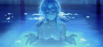  1girl absurdres hashtag-only_commentary head_wings highres honkai:_star_rail honkai_(series) i&#039;ll_teach_you_everything_(chainsaw_man) k3_uddo019 movie_reference parody partially_submerged pool robin_(honkai:_star_rail) scene_reference skinny_dipping solo upper_body wet white_wings wings 