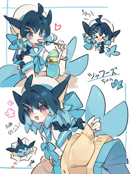  >_< 1girl :3 :d ahoge animal_ears arm_on_table beret blue_bow blue_hair blue_serafuku blue_skirt blue_tail blush blush_stickers bow braid brown_cardigan cardigan chibi chibi_inset closed_eyes commentary_request double-parted_bangs drink dutch_angle elbow_on_table fins flower fluffy_hair flustered gen_1_pokemon hair_bow hand_up happy hat hat_bow head_fins head_tilt heart highres holding holding_spoon humanization looking_at_viewer looking_back medium_hair multicolored_hair multiple_views musical_note nervous nintendo off-shoulder_cardigan open_cardigan open_clothes open_mouth pleated_skirt pokemon pokemon_(creature) purple_eyes school_uniform serafuku short_sleeves signature simple_background sitting skirt smile spoon standing streaked_hair table thick_eyebrows thick_eyelashes torank_cdk translation_request two-tone_hair upper_body utensil_in_mouth vaporeon wavy_ahoge wavy_hair white_background white_hat white_serafuku 