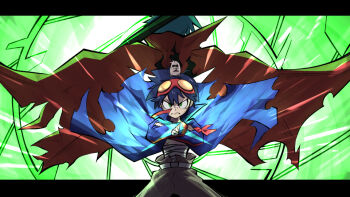  2boys back-to-back blue_coat blue_hair boota_(ttgl) cape coat commentary_request floating_clothes frown goggles goggles_on_head green_background jewelry kamina_(ttgl) letterboxed male_focus multiple_boys necklace ocha2_22 red_cape simon_(ttgl) tengen_toppa_gurren_lagann torn_clothes torn_coat v-shaped_eyes 