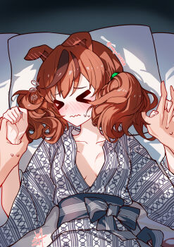  >_< 1girl 1other absurdres animal_ears bath_yukata blush breasts brown_hair closed_eyes closed_mouth collarbone commentary ear_blush ears_down embarrassed grey_kimono highres horse_ears horse_girl japanese_clothes kimono long_sleeves lying medium_hair multicolored_hair nice_nature_(umamusume) nose_blush on_back pillow streaked_hair synzmayu twintails umamusume yukata 