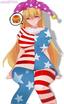  1girl american_flag american_flag_dress american_flag_legwear american_flag_pants american_flag_print american_flag_shirt blonde_hair breasts burger clown clownpiece commentary dress english_commentary fast_food flag_print food hat hat_bell highres jester jester_cap jester_costume katalashka legacy_of_lunatic_kingdom long_hair looking_at_viewer neck_ruff pants pantyhose polka_dot polka_dot_headwear print_pants print_shirt purple_hat shirt simple_background solo star_(symbol) star_print striped_clothes striped_dress striped_pantyhose touhou 