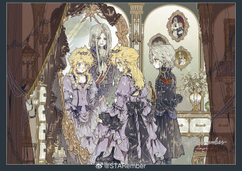  2boys aqua_eyes ascot back_bow black_bow black_jacket black_pants blonde_hair blue_eyes blush border bow candle candlestand chair choker cloud_strife cloud_strife_(ball_gown) crossdressing crown curtains desk_lamp different_reflection dress earrings final_fantasy final_fantasy_vii flower frilled_dress frilled_sleeves frills gloves green_eyes grey_hair hair_between_eyes hair_bow indoors jacket jewelry juliet_sleeves lamp long_dress long_hair long_sleeves looking_at_another looking_at_mirror male_focus medium_hair mirror multiple_boys open_mouth painting_(object) pants picture_frame portrait_(object) puffy_sleeves purple_dress reflection ribbon sephiroth sephiroth_(ever_crisis) short_hair signature sitting smile spiked_hair standing starember table tiara trap twitter_username vase watermark wavy_hair weibo_watermark white_ascot white_flower yaoi 