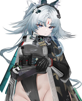  1girl absurdres arcane_(arknights) arknights arknights:_endfield black_gloves black_jacket black_leotard blue_eyes cameltoe facial_mark forehead_mark gloves grey_hair grey_shirt groin hair_flaps highres jacket leotard lifting_own_clothes mikuning open_clothes open_jacket out-of-frame_censoring shirt simple_background solo white_background 
