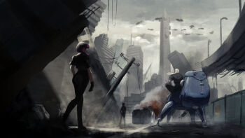  1girl 2boys black_gloves building cchan_tuka city cloud cloudy_sky commentary english_commentary ghost_in_the_shell ghost_in_the_shell:_stand_alone_complex gloves impasto kusanagi_motoko multiple_boys non-humanoid_robot overpass power_lines purple_hair road robot ruins scenery shadow sky skyscraper tachikoma utility_pole 