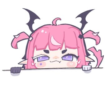  1girl :3 ahoge asymmetrical_gloves atari_desu blush blush_stickers camila_(vtuber) closed_mouth colored_eyelashes commentary diamond_facial_mark diamond_hair_ornament english_commentary facial_mark fang gloves head_wings heart heart_facial_mark indie_virtual_youtuber mismatched_eyebrows mismatched_eyelashes mismatched_gloves multicolored_hair pink_hair pointy_ears purple_eyes simple_background skin_fang smile smug streaked_hair tail thick_eyebrows two-tone_hair two_side_up virtual_youtuber white_background white_hair wings 