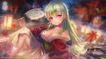  1girl autumn autumn_leaves bath_yukata blurry blurry_background blush breasts cleavage collarbone commentary copyright_logo copyright_notice depth_of_field english_commentary eyes_visible_through_hair feet_out_of_frame fingernails fish_hair_ornament green_hair green_sash green_streaks hair_between_eyes hair_down hair_ornament hair_over_shoulder hand_fan hand_up heaven_burns_red highres holding holding_fan japanese_clothes kimono knee_up lantern large_breasts layered_kimono leaf light_particles logo long_hair looking_at_viewer maple_leaf multicolored_hair night official_alternate_costume official_alternate_hairstyle official_art official_wallpaper on_bench onsen ooshima_isuzu ooshima_isuzu_(after_bath_utopia) open_clothes open_kimono outdoors parted_lips pink_eyes red_kimono sash sidelocks single_bare_shoulder sitting solo streaked_hair very_long_hair wet white_kimono yukata 