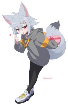  1girl ahoge animal_ear_fluff animal_ears arm_behind_back black_pantyhose box choker commentary extra_ears fang flat_chest fox_ears fox_girl fox_tail grey_hair grey_hoodie grey_shoes hair_between_eyes hair_ornament hairclip heart heart-shaped_box highres hood hood_down hoodie leaning_forward long_sleeves looking_at_viewer minowa_sukyaru miwa_kitsune-chan open_mouth original pantyhose red_eyes shoes short_hair simple_background smile sneakers solo tail twitter_username untranslatable_commentary valentine white_background 