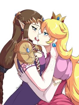 2girls after_kiss blonde_hair blue_eyes brown_hair commission crossover crown dress eye_contact fgsketch gloves gold_shoulder_pads grey_eyes hands_on_another's_back hands_on_another's_neck highres long_hair looking_at_another mario_(series) multiple_girls nintendo pink_dress princess princess_peach princess_zelda purple_dress saliva saliva_trail signature simple_background super_smash_bros. the_legend_of_zelda the_legend_of_zelda:_twilight_princess tongue tongue_out white_background white_gloves yuri 
