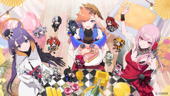  3girls :d arm_up asymmetrical_gloves asymmetrical_sleeves balloon black_boots black_coat black_collar black_gloves black_hat black_pantyhose blue_eyes blue_wings blunt_bangs boots bow cake cecilia_immergreen cecilia_immergreen_(1st_costume) center-flap_bangs chibi closed_mouth coat cocktail_dress collar copyright_notice cup detached_collar dress dress_bow drinking_glass elizabeth_rose_bloodflame elizabeth_rose_bloodflame_(1st_costume) evening_gown feathered_wings food fucodoku fuwawa_abyssgard fuwawa_abyssgard_(1st_costume) gigi_murin gigi_murin_(1st_costume) gloves gradient_hair grin hair_flaps hakos_baelz hakos_baelz_(1st_costume) halo hashtag-only_commentary hat heart heart-shaped_cake heart-shaped_food heart_balloon high-low_dress holding holding_cake holding_food hololive hololive_english holomyth irys_(hololive) irys_(irys_2.0)_(hololive) koseki_bijou koseki_bijou_(1st_costume) lace_collar long_dress long_hair long_sleeves looking_at_viewer low_twintails mismatched_gloves mismatched_sleeves mococo_abyssgard mococo_abyssgard_(1st_costume) mole mole_under_eye mori_calliope mori_calliope_(party_dress) multicolored_coat multicolored_hair multiple_girls nerissa_ravencroft nerissa_ravencroft_(1st_costume) ninomae_ina'nis ninomae_ina'nis_(party_dress) official_alternate_costume official_alternate_hairstyle official_art open_mouth orange_hair ouro_kronii ouro_kronii_(1st_costume) pantyhose pink_hair pointy_ears print_dress puffy_long_sleeves puffy_sleeves purple_eyes purple_hair raora_panthera raora_panthera_(1st_costume) red_dress see-through_clothes see-through_veil shiori_novella side_ponytail sidelocks sleeveless sleeveless_dress smile standing strapless strapless_dress swept_bangs takanashi_kiara takanashi_kiara_(party_dress) tentacle_hair tilted_headwear twintails two-tone_coat veil very_long_hair virtual_youtuber waist_bow wavy_hair white_coat white_gloves wine_glass wings 