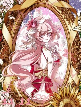  1girl absurdres alternate_costume back dated diamond-shaped_pupils diamond_(shape) elf elysia_(hi_love_elf)_(honkai_impact) elysia_(honkai_impact) flower hair_ornament highres honkai_(series) honkai_impact_3rd long_hair mirror pink_hair pointy_ears purple_eyes reflection smile solo sunflower symbol-shaped_pupils very_long_hair wrist_cuffs yu_diandian 