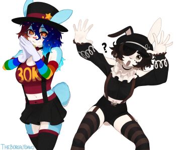  2girls :o ? absurdres animal_ears bare_shoulders black_hat black_skirt blue_hair blush breasts brown_thighhighs closed_mouth commentary crop_top cupcake_(yoako) detached_sleeves english_commentary feet_out_of_frame furry furry_female gloves hair_between_eyes hair_over_one_eye hat highres long_sleeves looking_at_viewer multicolored_hair multiple_girls navel orange_hair original rabbit_ears red_shirt shirt simple_background skirt smile star-shaped_pupils star_(symbol) striped_clothes striped_thighhighs symbol-shaped_pupils teeth thighhighs top_hat upper_teeth_only white_gloves yoako 