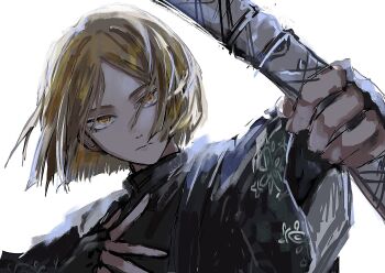  1boy ainsel10 black_gloves black_haori black_shirt blunt_ends clenched_hand elbow_gloves expressionless fingerless_gloves gloves hand_on_own_chest haori highres holding holding_sword holding_weapon japanese_clothes limbus_company looking_at_viewer male_focus ootachi open_hand parted_bangs pinky_(identity)_(project_moon) portrait project_moon sheath sheathed shirt sinclair_(project_moon) solo sword tsurime turtleneck turtleneck_shirt weapon white_background yellow_eyes 