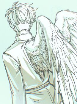  1boy absurdres angel_wings chi.:_chikyuu_no_undou_ni_tsuite commentary_request feathered_wings from_behind grntr_260106 highres jacket male_focus rafal_(chi.) short_hair solo unfinished wings wings_through_clothes 