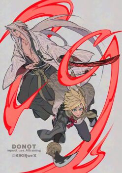  2boys abs aqua_eyes black_kimono black_pants blonde_hair cloud_strife cloud_strife_(official_festive_garb) commentary_request fighting_stance final_fantasy final_fantasy_vii final_fantasy_vii:_ever_crisis flower_knot full_body grey_background grey_hair hair_between_eyes haori holding holding_sword holding_weapon japanese_clothes katana kiki_lala kimono long_hair low_ponytail male_focus multiple_boys official_alternate_costume official_alternate_hairstyle open_clothes open_kimono pants parted_bangs patterned_clothing pectorals ponytail print_haori print_scarf scarf sephiroth sephiroth_(one_with_the_blade) short_hair spiked_hair sword tabi twitter_username two-tone_kimono weapon white_haori 
