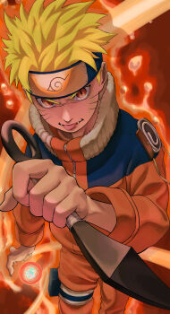 1boy absurdres aura blonde_hair commentary_request facial_mark fangs fangs_out headband highres holding holding_kunai holding_weapon jacket konohagakure_symbol kunai kurahashi_yuuto looking_at_viewer male_focus naruto_(classic) naruto_(series) ninja orange_eyes orange_jacket orange_pants pants short_hair slit_pupils solo spiked_hair tongue tongue_out uzumaki_naruto v-shaped_eyebrows weapon whisker_markings 