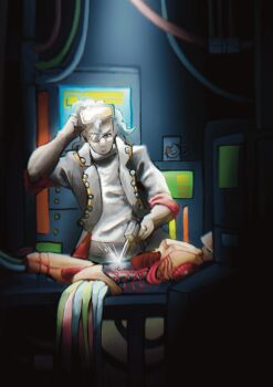  1boy adjusting_eyewear aged_up blurry cable closed_mouth cup dim_lighting forgetmenautical glint gloves goggles goggles_on_head grey_gloves grey_hair grey_jacket highres holding indoors jacket kyokugen_dasshutsu kyokugen_dasshutsu_adv:_zennin_shibou_desu long_sleeves male_focus medium_hair mug non-web_source old old_man open_clothes open_jacket robot shirt sigma_(kyokugen_dasshutsu) single_mechanical_eye spoilers welding welding_goggles welding_torch white_shirt 