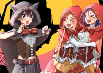  >_< :d absurdres animal_hood asuna_(sao) belt big_bad_wolf big_bad_wolf_(cosplay) black_hair blush breasts brown_corset brown_hair capelet choker claw_pose cleavage closed_eyes commentary_request corset cosplay cropped_shirt double-parted_bangs fang fingernails frilled_shirt_collar frills fur-trimmed_capelet fur_trim fur_wrist_cuffs grey_capelet grey_eyes grey_fur grey_nails grey_pants hair_between_eyes hair_ornament halloween_costume hands_up highres hood hooded_capelet hug kirito little_red_riding_hood_(fairy_tale) little_red_riding_hood_(fairy_tale_character) little_red_riding_hood_(fairy_tale_character)_(cosplay) long_fingernails long_hair long_sidelocks matching_outfits medium_breasts medium_skirt messy_hair midriff_peek mito_(sao) navel neck_ribbon open_mouth pants pinstripe_pattern pinstripe_shirt purple_hair red_belt red_capelet red_corset red_ribbon red_skirt ribbon sarasara_shoyu shirt short_hair sidelocks skirt smile straight_hair sword_art_online sword_art_online_progressive teeth two-tone_skirt upper_body upper_teeth_only white_choker white_shirt wrist_cuffs x_hair_ornament xd yellow_skirt yellow_trim 