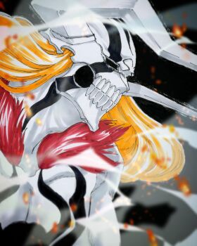  1boy bleach commentary embers hashtag-only_commentary highres hollow_ichigo horns kudou_masashi kurosaki_ichigo long_hair male_focus monster_boy orange_hair solo upper_body 