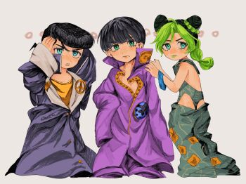  1girl 2boys adjusting_hair age_regression aged_down black_hair blue_eyes braid child coat commentary cone_hair_bun diamond_wa_kudakenai double_bun gakuran giorno_giovanna green_eyes green_hair green_lips green_pants hair_bun haruno_shiobana higashikata_josuke highres jacket jojo_no_kimyou_na_bouken kuujou_jolyne ladybug_brooch ladybug_ornament makeup multicolored_hair multiple_boys oversized_clothes pants peace_symbol pink_jacket pompadour purple_coat school_uniform stone_ocean taboko_jjba time_paradox two-tone_hair vento_aureo 