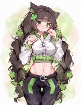  1girl absurdres animal_ears black_hair black_pants blunt_bangs blush braid breasts bunbbyart cat_ears cat_girl closed_mouth commentary cowboy_shot english_commentary green_eyes hands_up highres jacket large_breasts long_hair long_sleeves looking_at_viewer navel original pants paw_pose smile solo stomach twin_braids very_long_hair white_jacket zipper zipper_pull_tab 